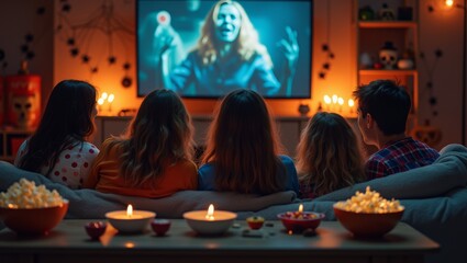 Friends watching scary horror movie on Halloween night sitting on living room couch with popcorn, ominous figure on tv screen