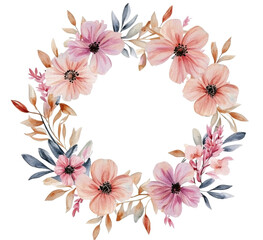 Colorful floral wreath design featuring various blooms and greenery on a white background