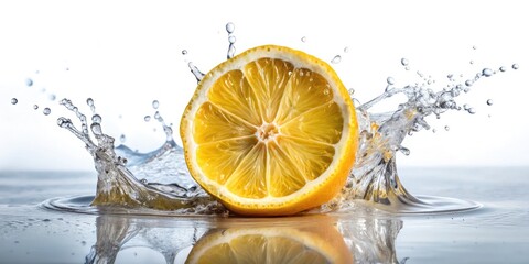 Fresh Lemon Slice Splashing into Water Isolated on White Background for Culinary and Beverage Use