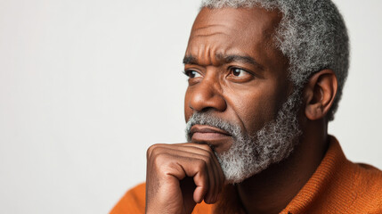 Senior African American man deep in thought with hand on chin against a white background.