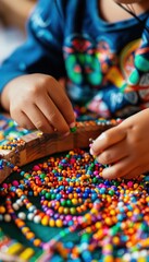 Native American Child Creating Beadwork at Craft Station for Native Americans Day Celebration