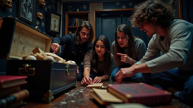 Friends searching for clues in Halloween themed escape room wooden chest to solve mystery puzzle game