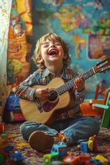 A cheerful young boy playing an acoustic guitar while singing happily in a colorful room filled with toys. His laughter fills the air as he expresses his love for music, embodying the essence of