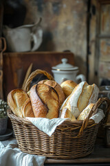 A cozy kitchen scene featuring a rustic basket filled with various types of freshly baked breads, showcasing their crispy crusts in shades of pastel brown. The background includes vintage kitchenware
