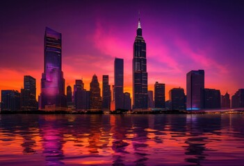 Fototapeta premium breathtaking dynamic urban skyline sunset showcasing vibrant colors spectacular lighting over city silhouettes, aerial, architecture, atmospheric, beautiful
