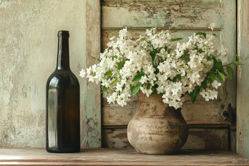 A vintage table showcasing an old wine bottle alongside fragrant white jasmine flowers in a rustic jar. The nostalgic setting evokes warmth and memories of cherished gatherings.