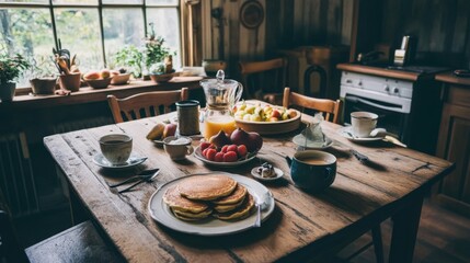 A cozy, rustic farmhouse table, set for a family breakfast with pancakes, fruit, and coffee.