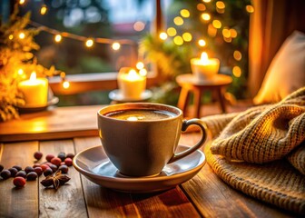 Fototapeta premium Freshly Brewed Morning Coffee in a Cozy Setting with Warm Light and a Tasteful Mug on a Table