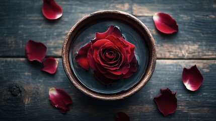 A dark red rose floating in a bowl of water, with a few fallen petals surrounding it on a wooden surface.