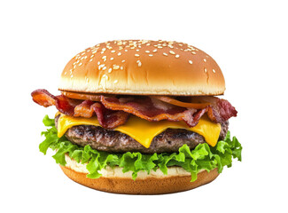 Juicy cheeseburger loaded with crispy bacon and fresh lettuce on a toasted bun