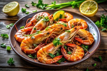 Freshly Cooked Prawns on a Plate Garnished with Lemon and Herbs for a Delicious Seafood Dish