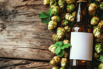 A close-up of a beer bottle with a blank white label, intricately wrapped in fresh, vibrant hops. The rustic wooden background enhances the natural beauty of the hops, inviting viewers into the world