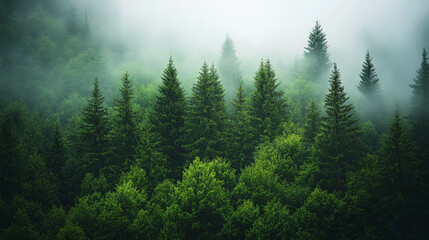 A foggy pine forest with vibrant green trees fading into the mist. The thick layer of fog adds an otherworldly, ethereal quality to the scene, making the dense foliage seem to float in the misty air.