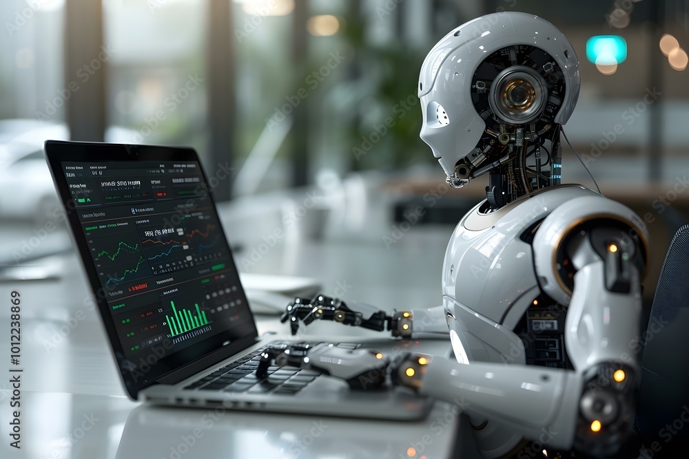 Poster humanoid robot analyzing financial data on laptop screen in hybrid office setting for digital entrep