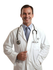Smiling male doctor in a white coat with stethoscope poses confidently against a plain background