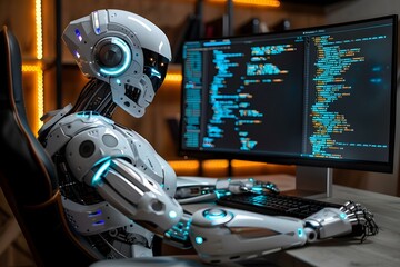 Humanoid Robot Programmer. Machine Coding On Computer, robot, code, ai, artificial, intelligence, web, tech, machine, technology, computer, future, 4, programmer, 0, industry, girl, robotic