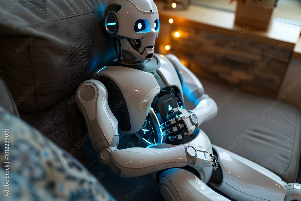 Aufkleber midsection view of a humanoid robot sitting on sofa suffering from itching