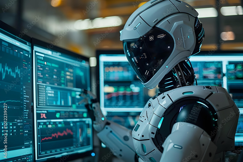 Poster humanoid robot data analyst using computer. african american advisor, robot, analytics, ai, artifici