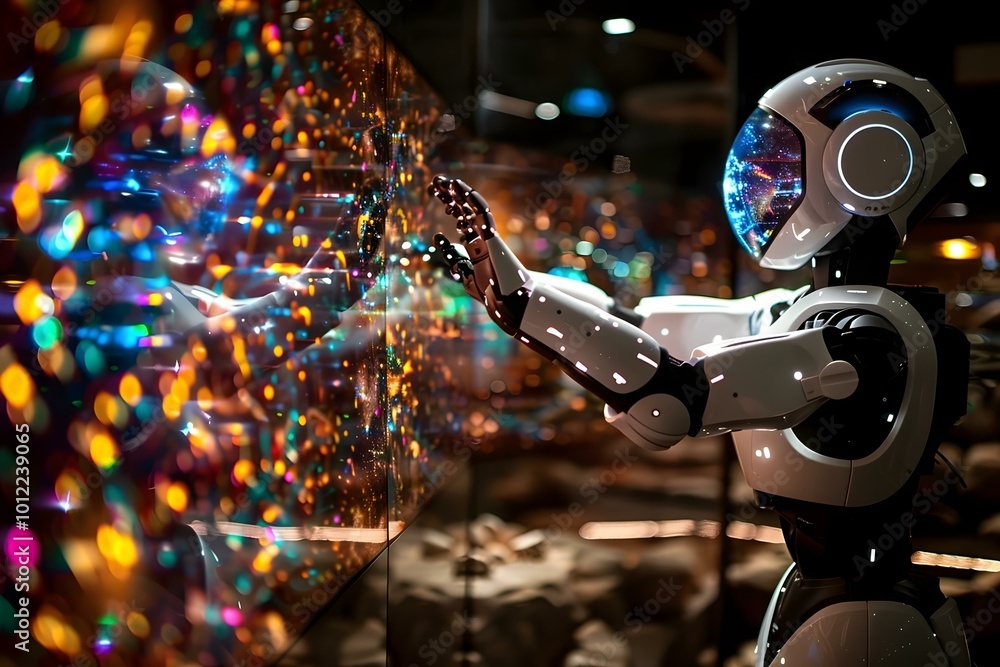Poster conceptual image of a humanoid robot watching 3d television and stretching out its hands as though t