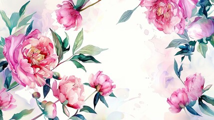Fototapeta premium Delicate pink peonies with lush green leaves create a serene floral arrangement on a soft watercolor background