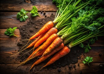 Freshly harvested organic carrot on a rustic wooden table with soil and green leaves surrounding it