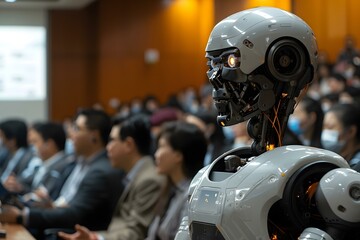 Humanoid Robot Video Conference in Boardroom Meeting, robot, online, ai, artificial, meet, intelligence, code, hybrid, tech, machine, video, technology, future, conference, 4, 0