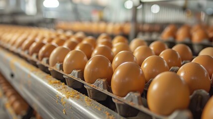 Fresh brown eggs on conveyor belt in processing facility
