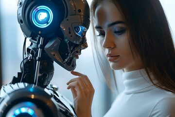 Fototapeta premium Close-up Of Young Businesswoman Hand Operating Humanoid Robot In Office