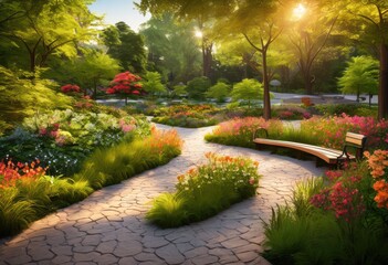 Obraz premium stunning urban park designs featuring captivating greenery layouts lush water recreational areas, vegetation, landscape, trail, tree, garden, lawn, bench