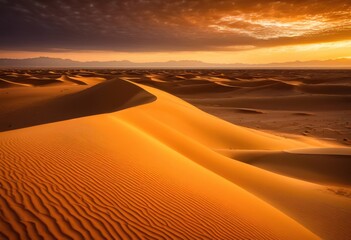Naklejka premium stunning landscape vast desert dunes illuminated warm amber tones sunset, nature, sky, clouds, horizon, light, texture, sand, colors, shadows, patterns