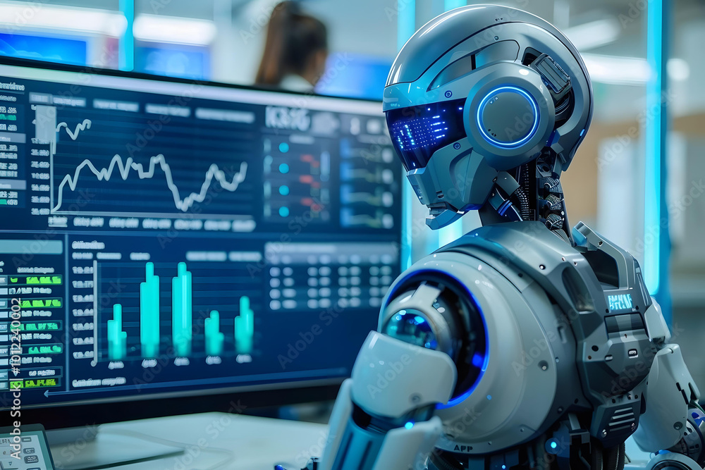Poster humanoid robot looking at kpi data on computer screen, robot, data, ai, artificial, analyst, intelli