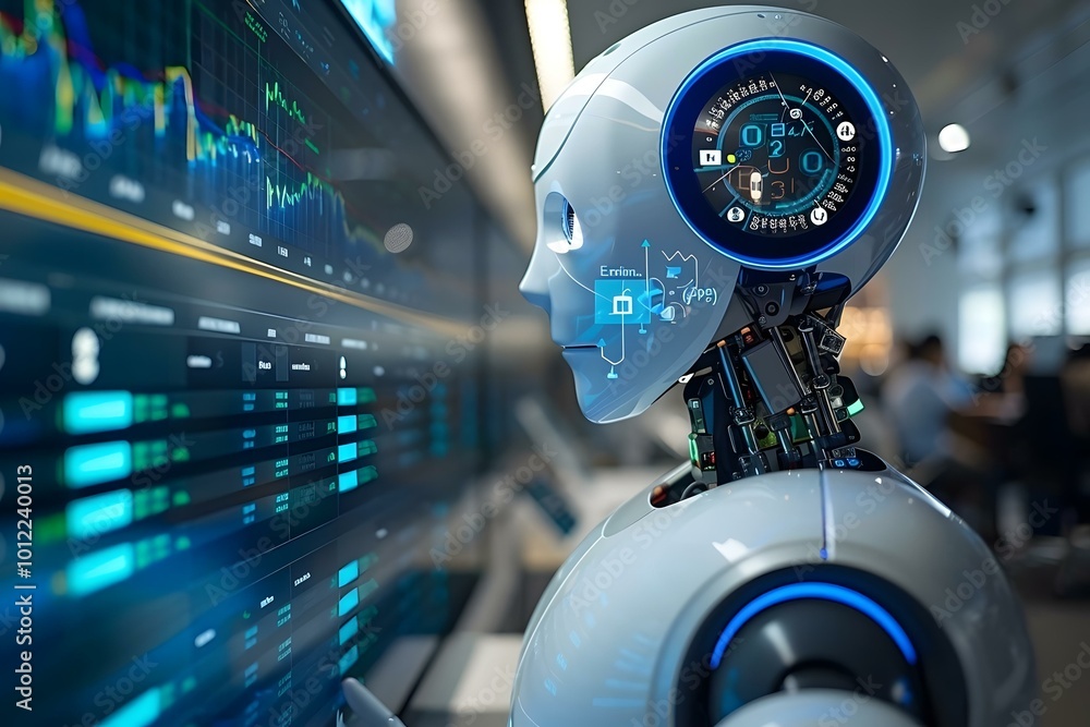 Poster humanoid robot looking at kpi data on computer screen, robot, data, ai, artificial, analyst, intelli