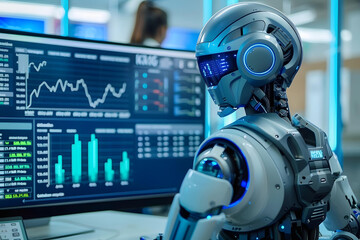 Fototapeta premium Humanoid Robot Looking At KPI Data On Computer Screen, robot, data, ai, artificial, analyst, intelligence, code, analytics, tech, machine, dashboard, technology, future, business, 4, 0