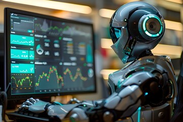 Humanoid robot analyzing financial KPI data on computer dashboard.