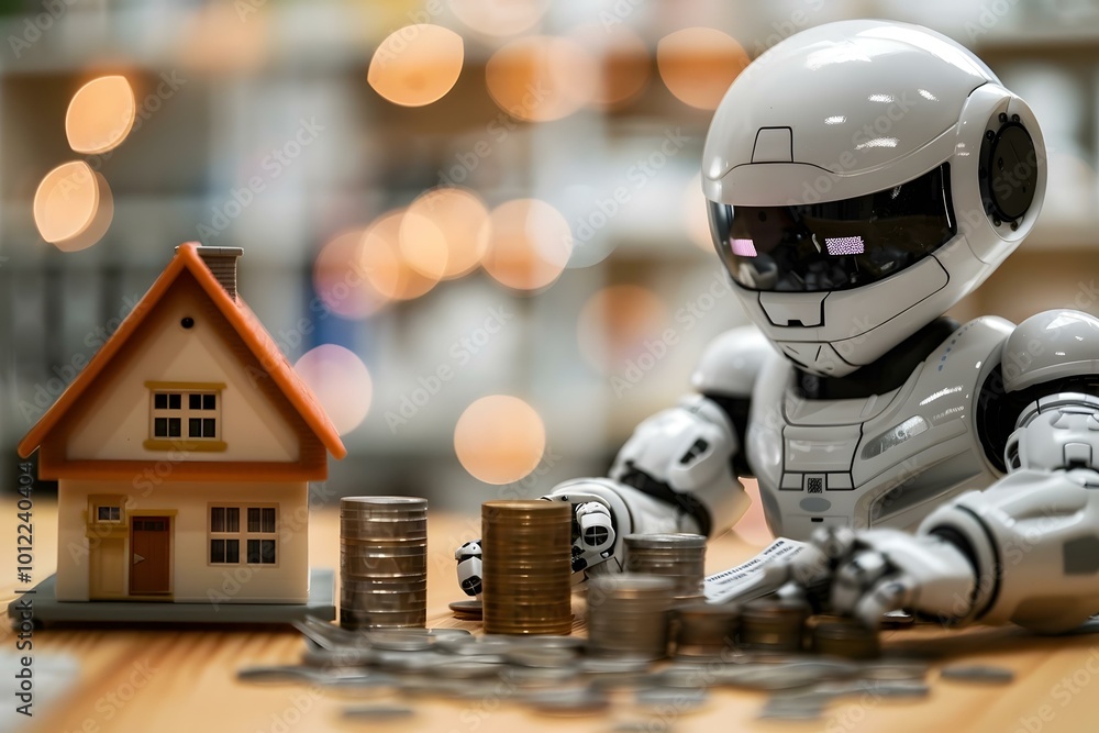 Aufkleber cropped image of humanoid robot calculating tax by model house and stacks of coins on table