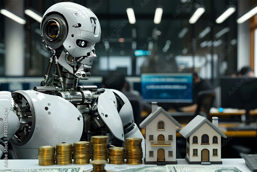 Poster midsection of humanoid robot with different size houses and stacks of coins on table, robot, estate,