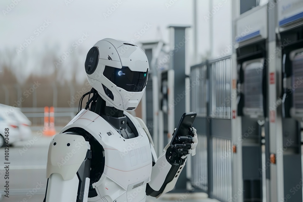 Poster confident humanoid robot security guard talking on mobile phone in front of gate.