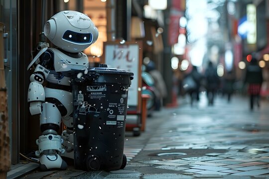 Happy humanoid robot standing near dustbin on street.