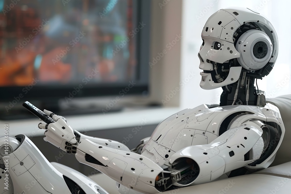 Poster humanoid robot sitting on sofa using remote control in front of television.