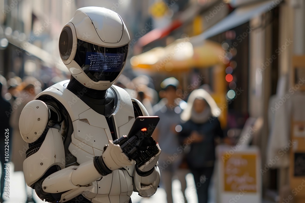 Poster close-up of a humanoid robot sending text message using mobile phone