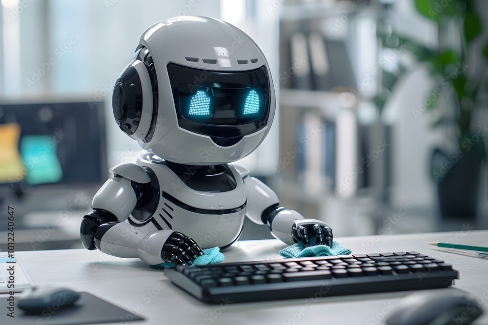 Wall mural Portrait Of Young Happy Humanoid Robot Cleaning Keyboard At Desk In Office.