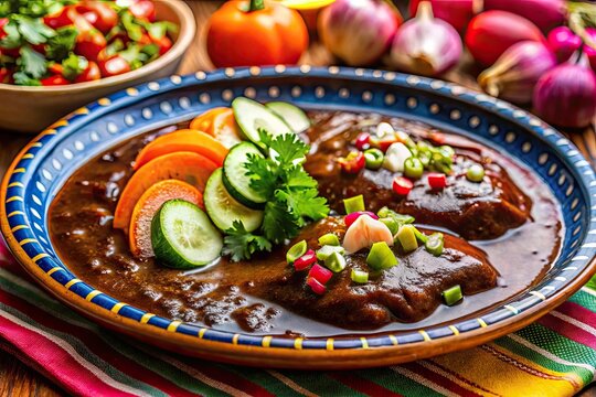 Freshly prepared romeritos with mole sauce and seasonal vegetables on a colorful ceramic plate