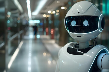 Fototapeta premium Contact Us Panoramic Banner Background. Call Phone, humanoid robot, contact, ai, artificial, us, intelligence, code, banner, tech, machine, concept, technology, future, phone, 4, 0, mail