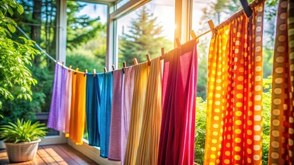 Freshly Washed Curtains Hanging to Dry in a Bright and Airy Home Environment with Natural Light