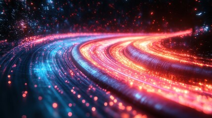 Abstract glowing blue and red lines forming a curved path with sparkling dust particles in the dark background.