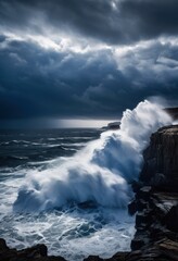 Obraz premium dramatic waves crashing rugged cliffside creating foamy splashes amidst turbulent sea wild ocean weather, landscape, coast, shore, rocks, boulders, tide