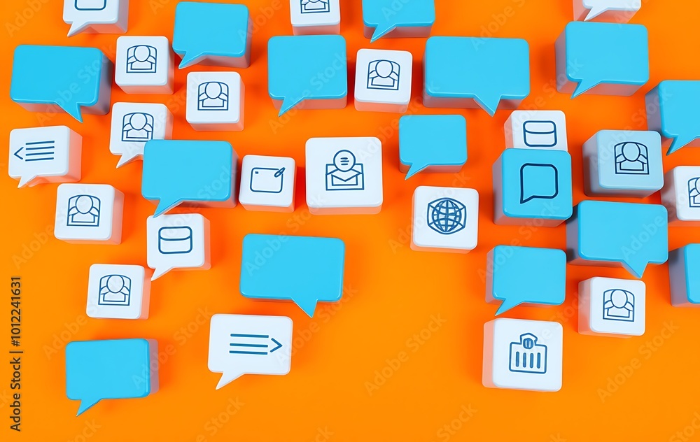 Poster many cubes with speech bubble icons on orange background