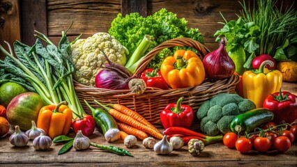Fresh Organic Vegetables Assorted Variety on Wooden Table for Healthy Eating and Cooking Ideas