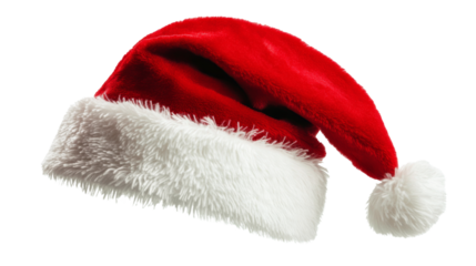 A vibrant red Santa hat resting on a white background, ready for the holiday season celebration