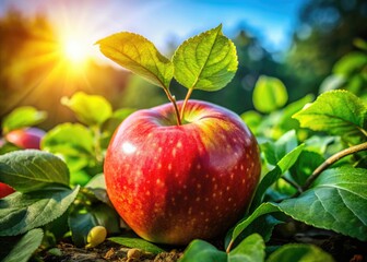 Obraz premium Fresh Red Apple Surrounded by Green Leaves Captured in a Bright and Natural Outdoor Setting